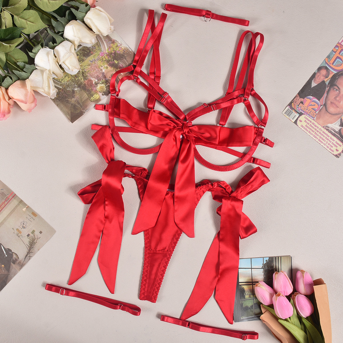 High quality sexy lingerie hot model satin sexy breast exposed leg ring hanging Comes in set of 4 Detailed picture - 4