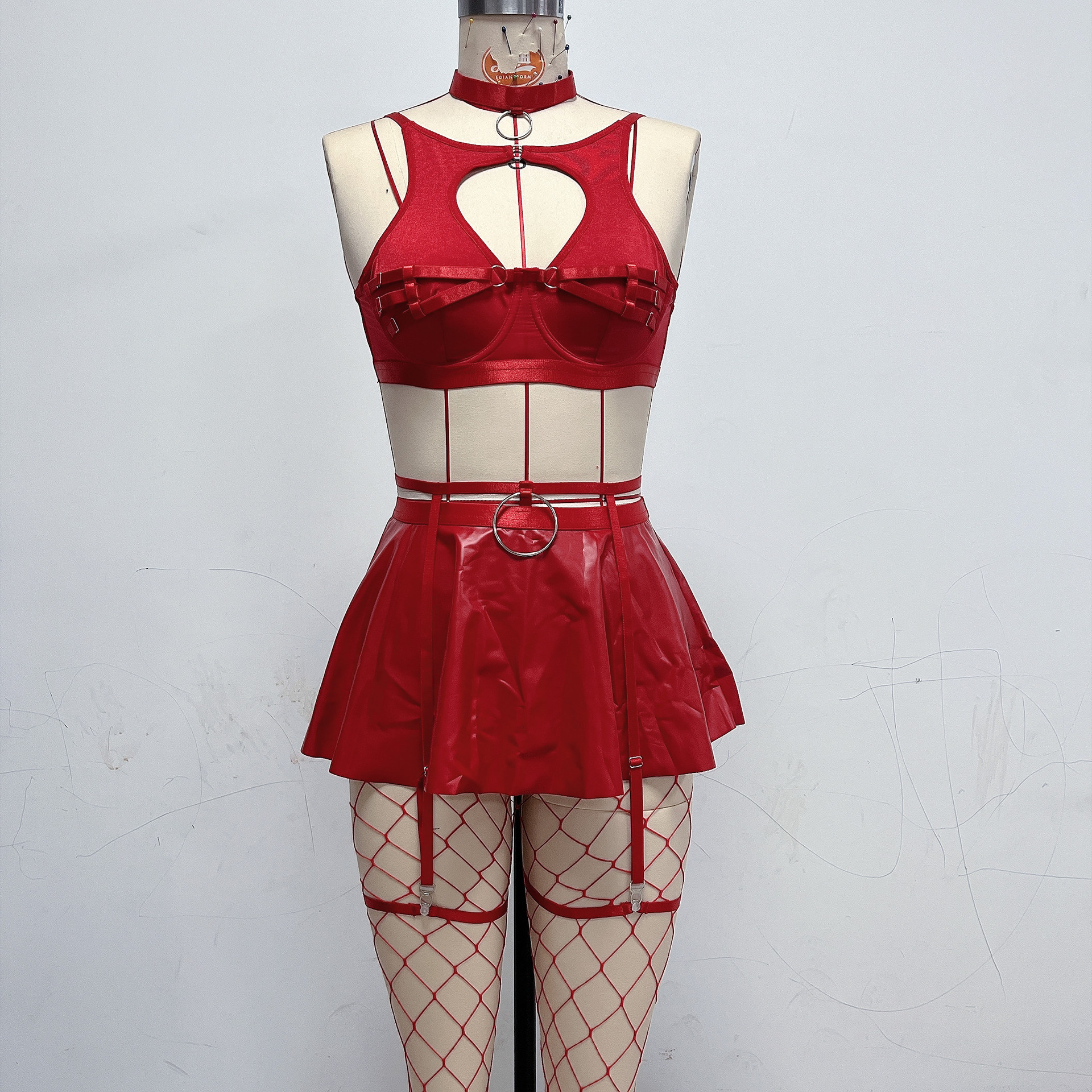 Sexy miniskirt sexy black bra underwear set solid color leather sexy apron underwear Detailed pictures - 9
