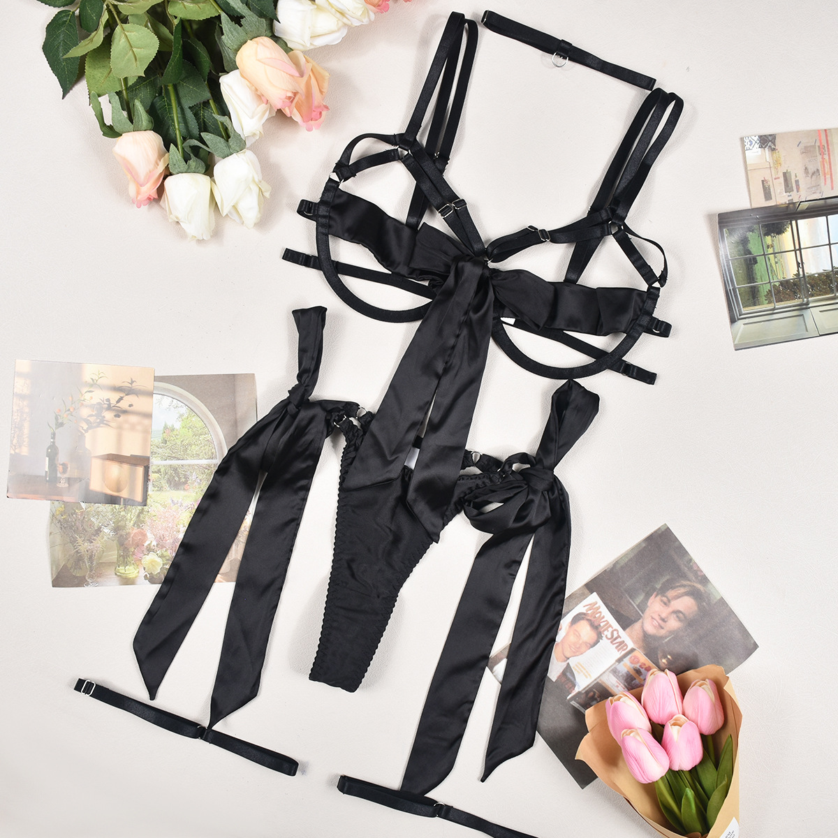 High quality sexy lingerie hot model satin sexy breast exposed leg ring hanging Comes in set of 4 Detailed picture - 3